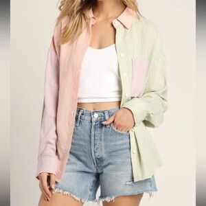 Lulus Block To It Pink Multi Colorblock Long Sleeve Button-Up Top M NWT